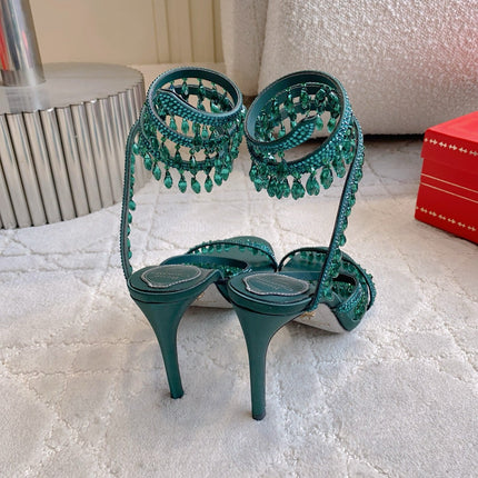 RENE CAOVILLA 26S CLEO HIGH HEELS SANDALS 95 MM IN DARK GREEN LAMBSKIN STYLE 15