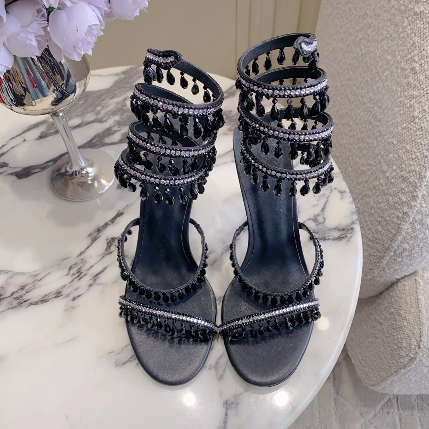 RENE CAOVILLA 26S CLEO HIGH HEELS SANDALS 95 MM IN BLACK LAMBSKIN STYLE 8
