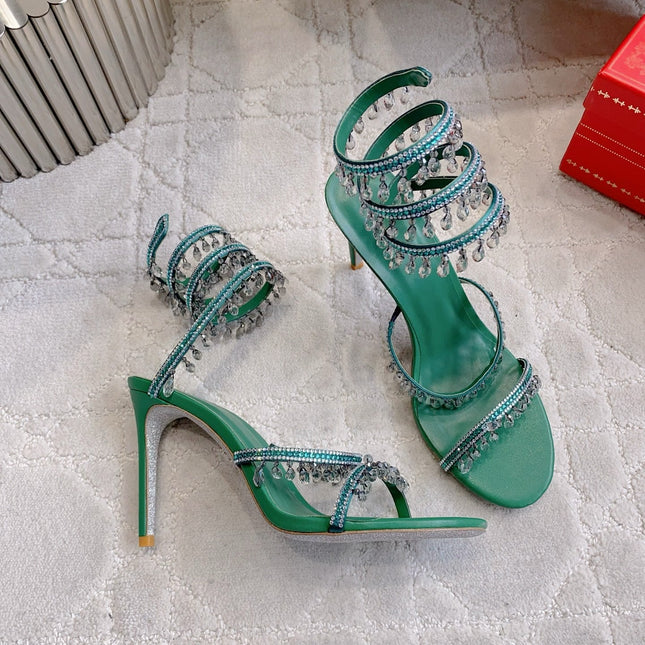RENE CAOVILLA 26S CLEO HIGH HEELS SANDALS 95 MM IN GREEN LAMBSKIN