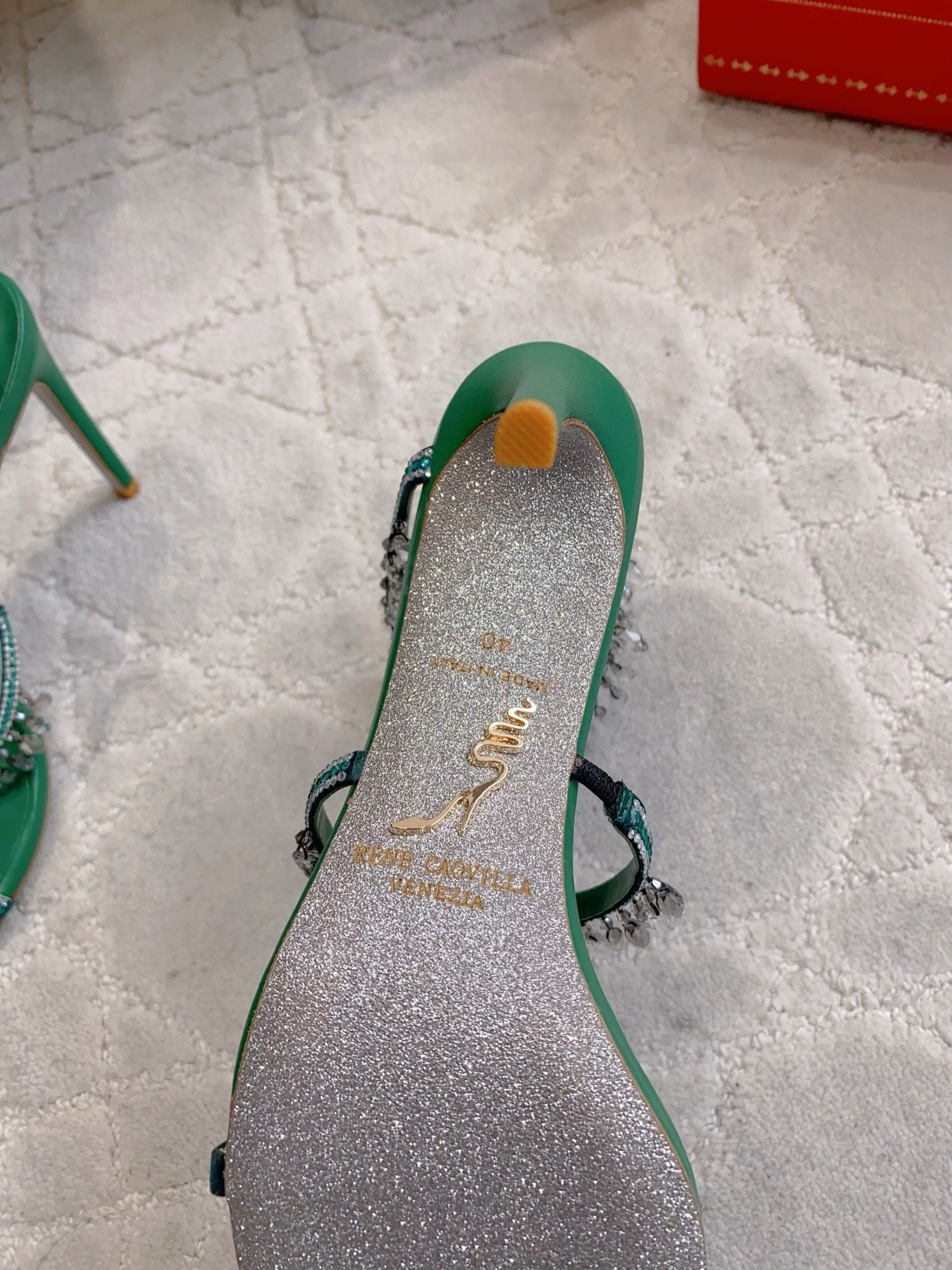 RENE CAOVILLA 26S CLEO HIGH HEELS SANDALS 95 MM IN GREEN LAMBSKIN