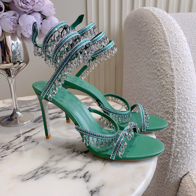 RENE CAOVILLA 26S CLEO HIGH HEELS SANDALS 95 MM IN GREEN LAMBSKIN