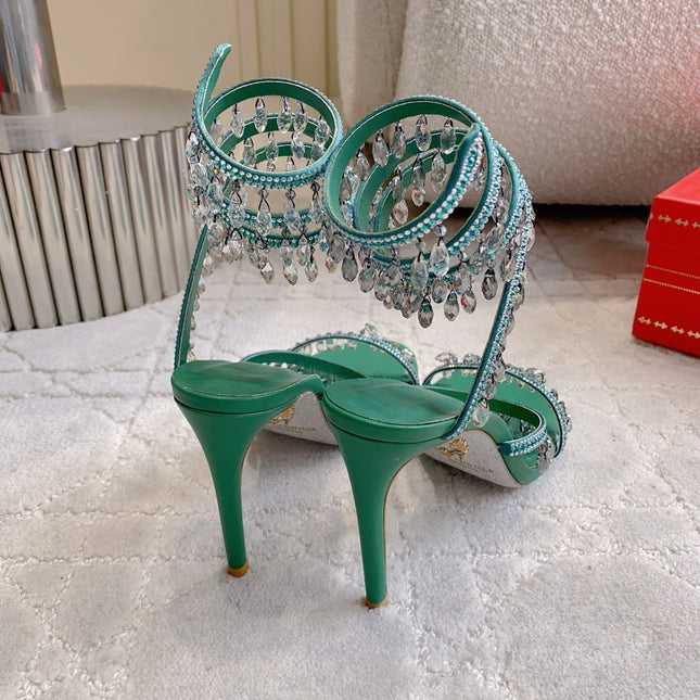 RENE CAOVILLA 26S CLEO HIGH HEELS SANDALS 95 MM IN GREEN LAMBSKIN