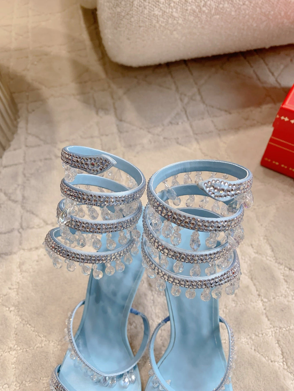 RENE CAOVILLA 26S CLEO HIGH HEELS SANDALS 95 MM IN LIGHT BLUE LAMBSKIN