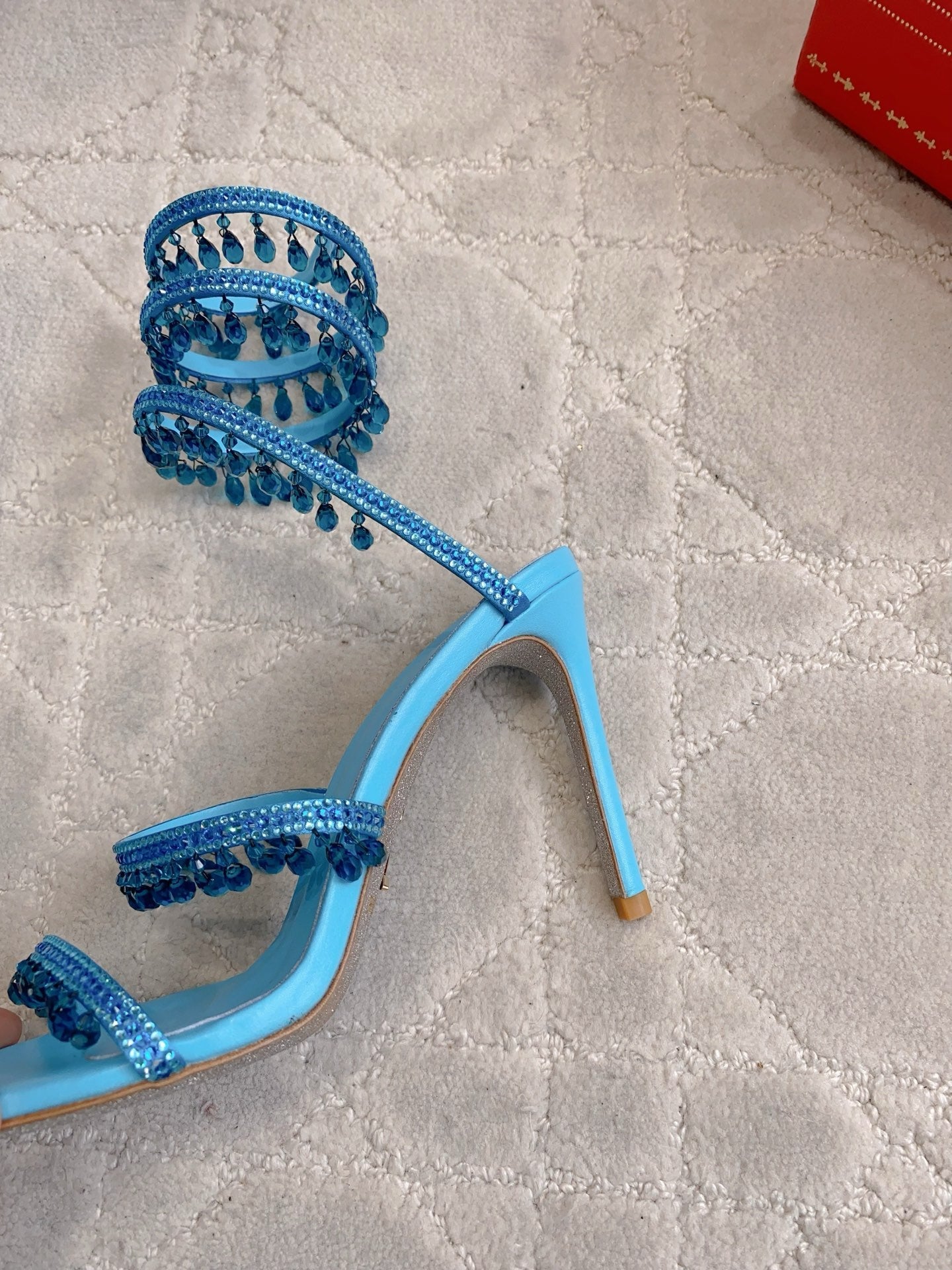RENE CAOVILLA 26S CLEO HIGH HEELS SANDALS 95 MM IN BLUE LAMBSKIN