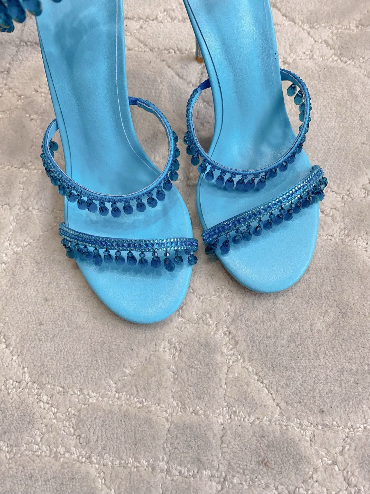RENE CAOVILLA 26S CLEO HIGH HEELS SANDALS 95 MM IN BLUE LAMBSKIN