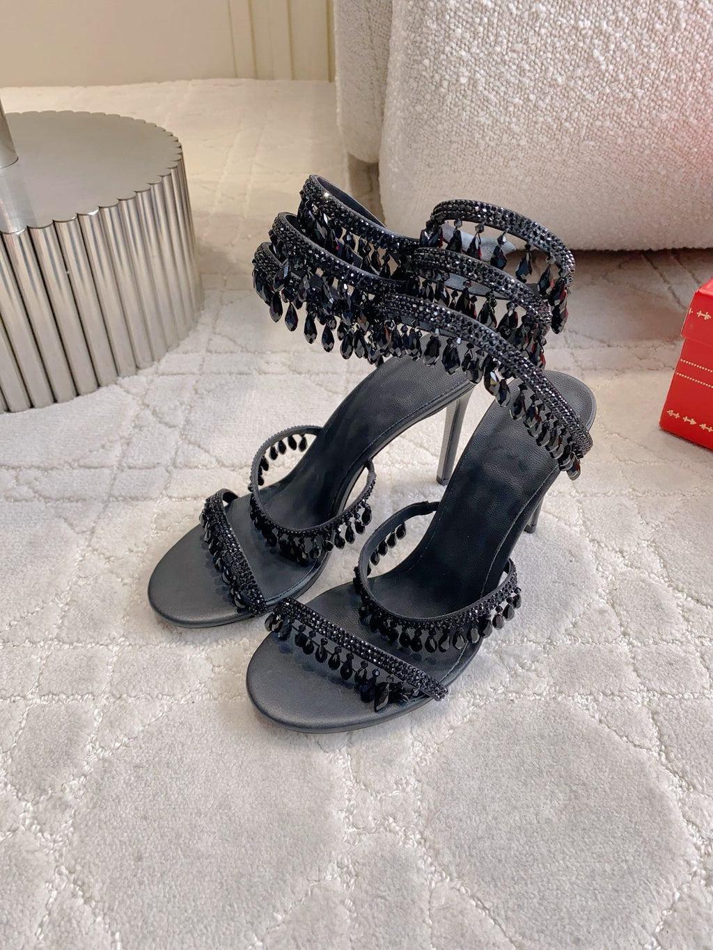 RENE CAOVILLA 26S CLEO HIGH HEELS SANDALS 95 MM IN BLACK LAMBSKIN STYLE 7