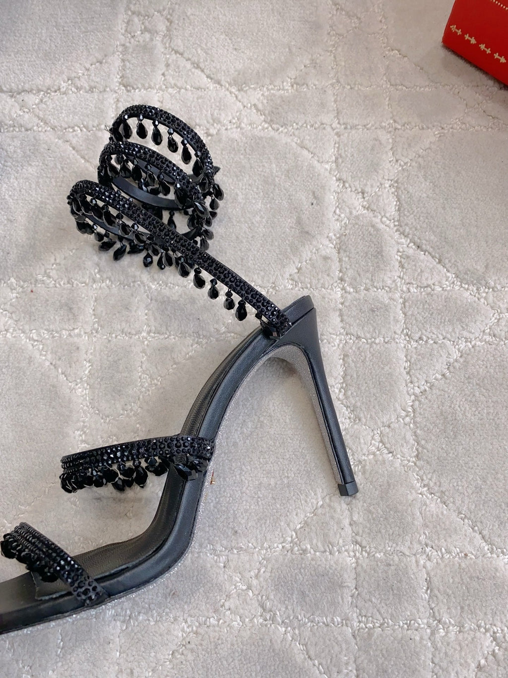 RENE CAOVILLA 26S CLEO HIGH HEELS SANDALS 95 MM IN BLACK LAMBSKIN STYLE 7