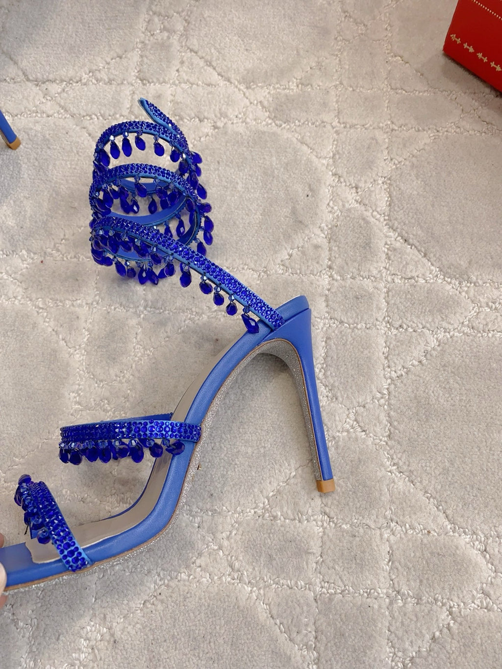 RENE CAOVILLA 26S CLEO HIGH HEELS SANDALS 95 MM IN NAVY BLUE LAMBSKIN