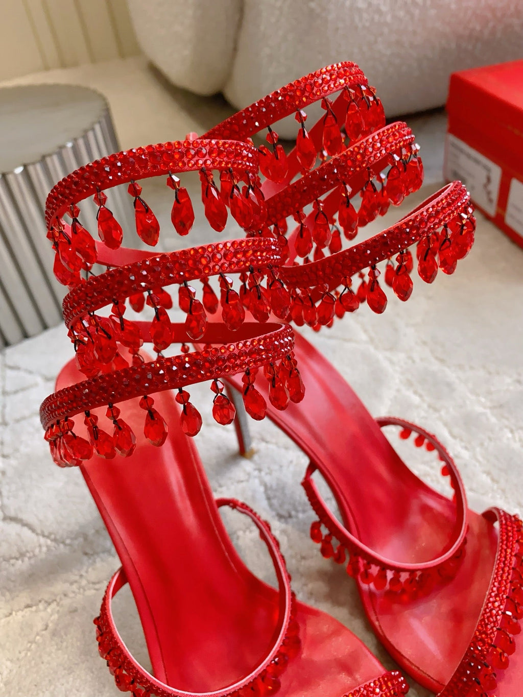 RENE CAOVILLA 26S CLEO HIGH HEELS SANDALS 95 MM IN RED LAMBSKIN STYLE 5