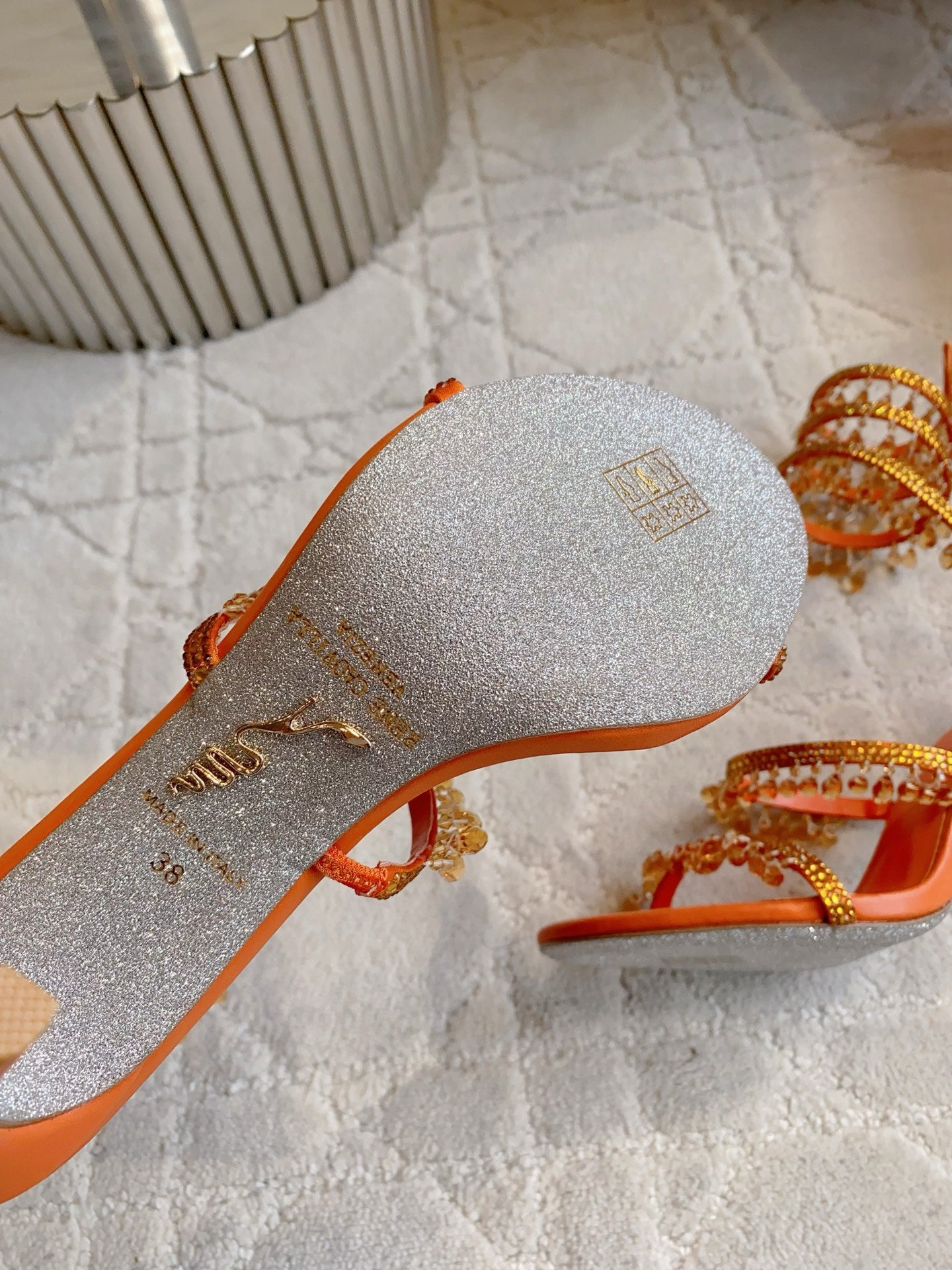 RENE CAOVILLA 26S CLEO HIGH HEELS SANDALS 95 MM IN ORANGE LAMBSKIN STYLE 4