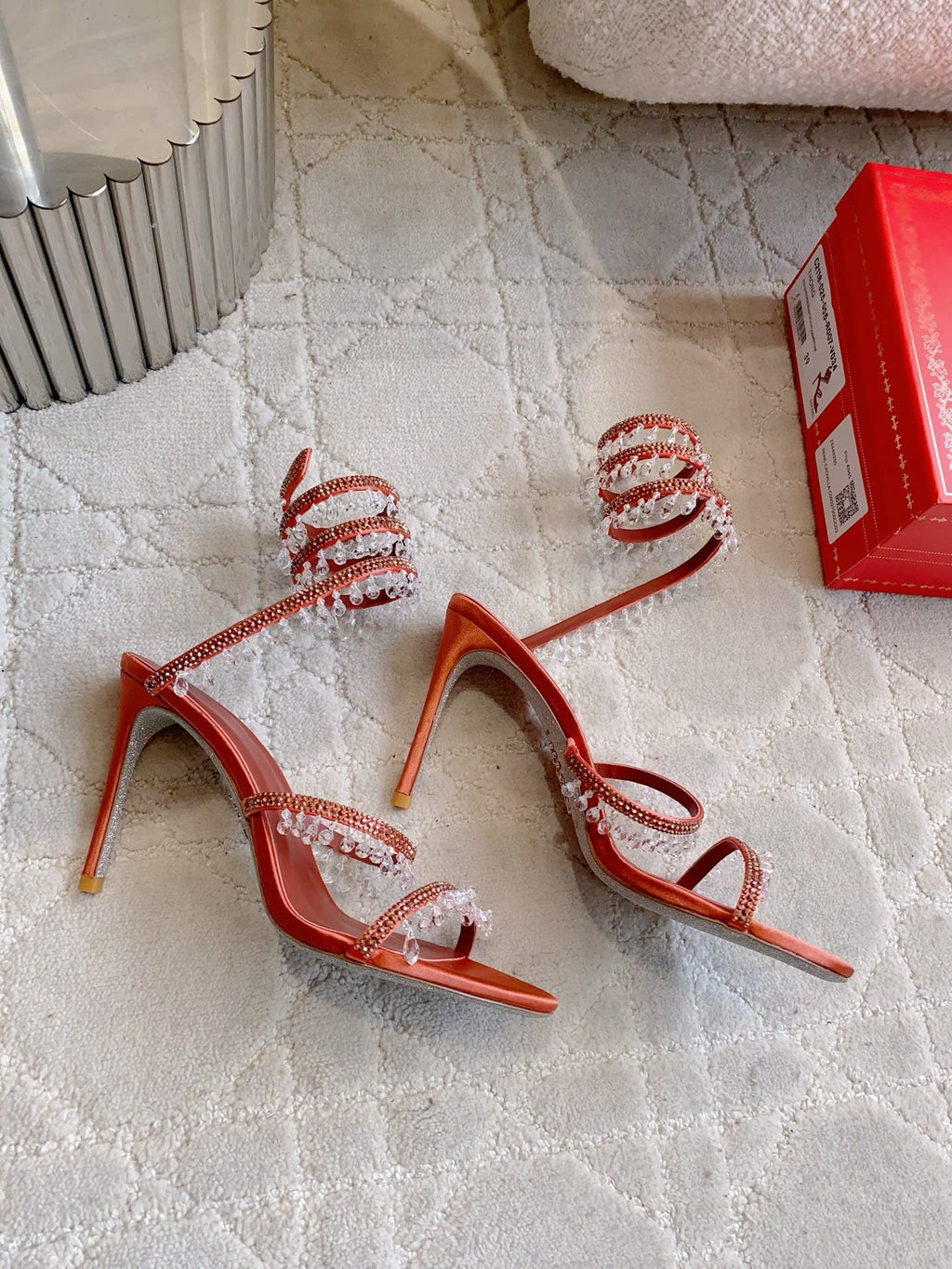 RENE CAOVILLA 26S CLEO HIGH HEELS SANDALS 95 MM IN ORANGE LAMBSKIN STYLE 3