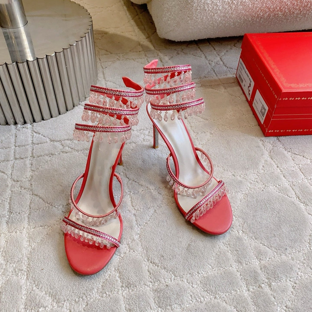 RENE CAOVILLA 26S CLEO HIGH HEELS SANDALS 95 MM IN RED LAMBSKIN