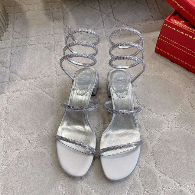 RENE CAOVILLA 26S RHINESTONE HIGH HEELS SANDALS 45 MM IN SILVER LAMBSKIN