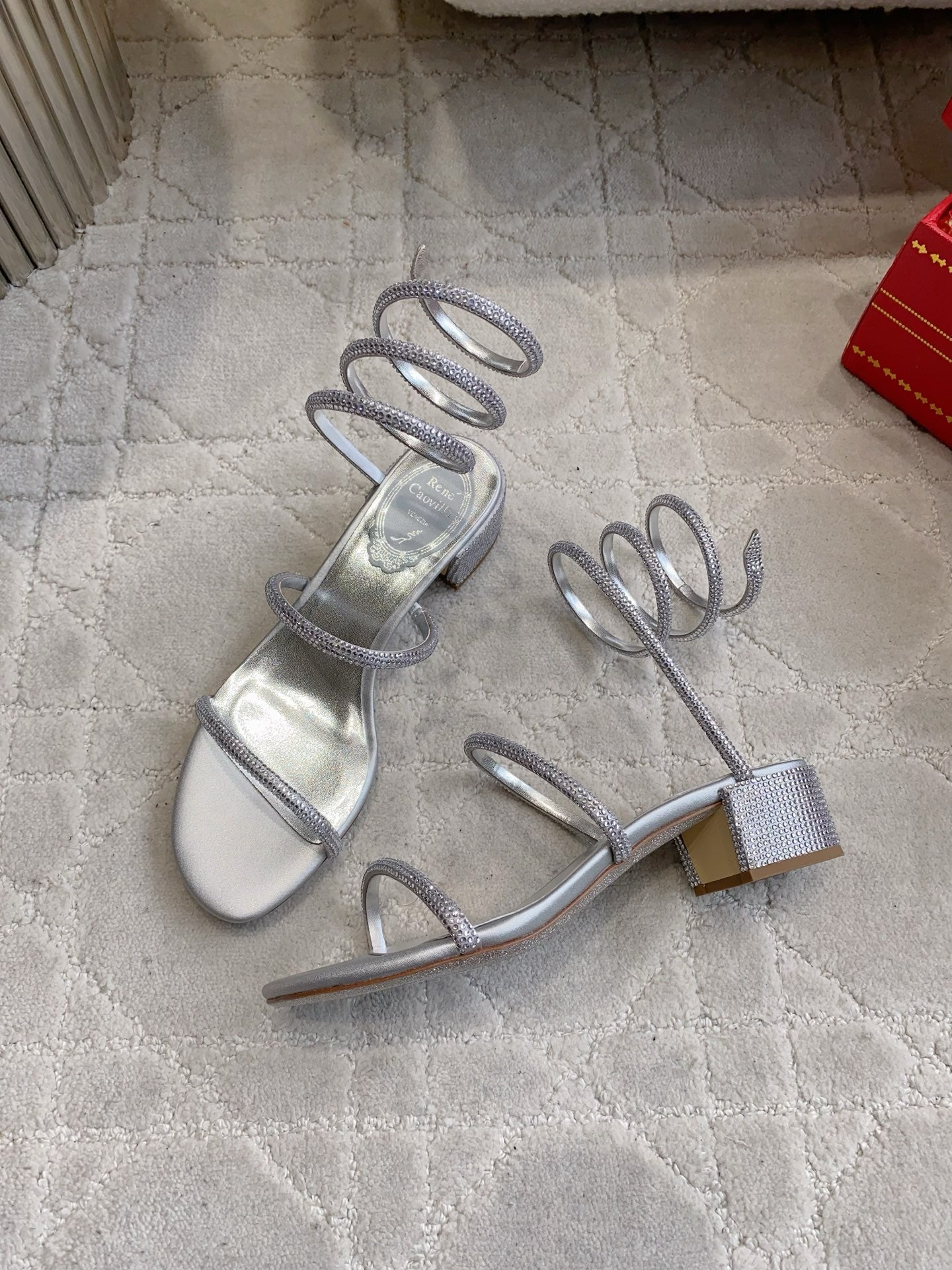 RENE CAOVILLA 26S RHINESTONE HIGH HEELS SANDALS 45 MM IN SILVER LAMBSKIN