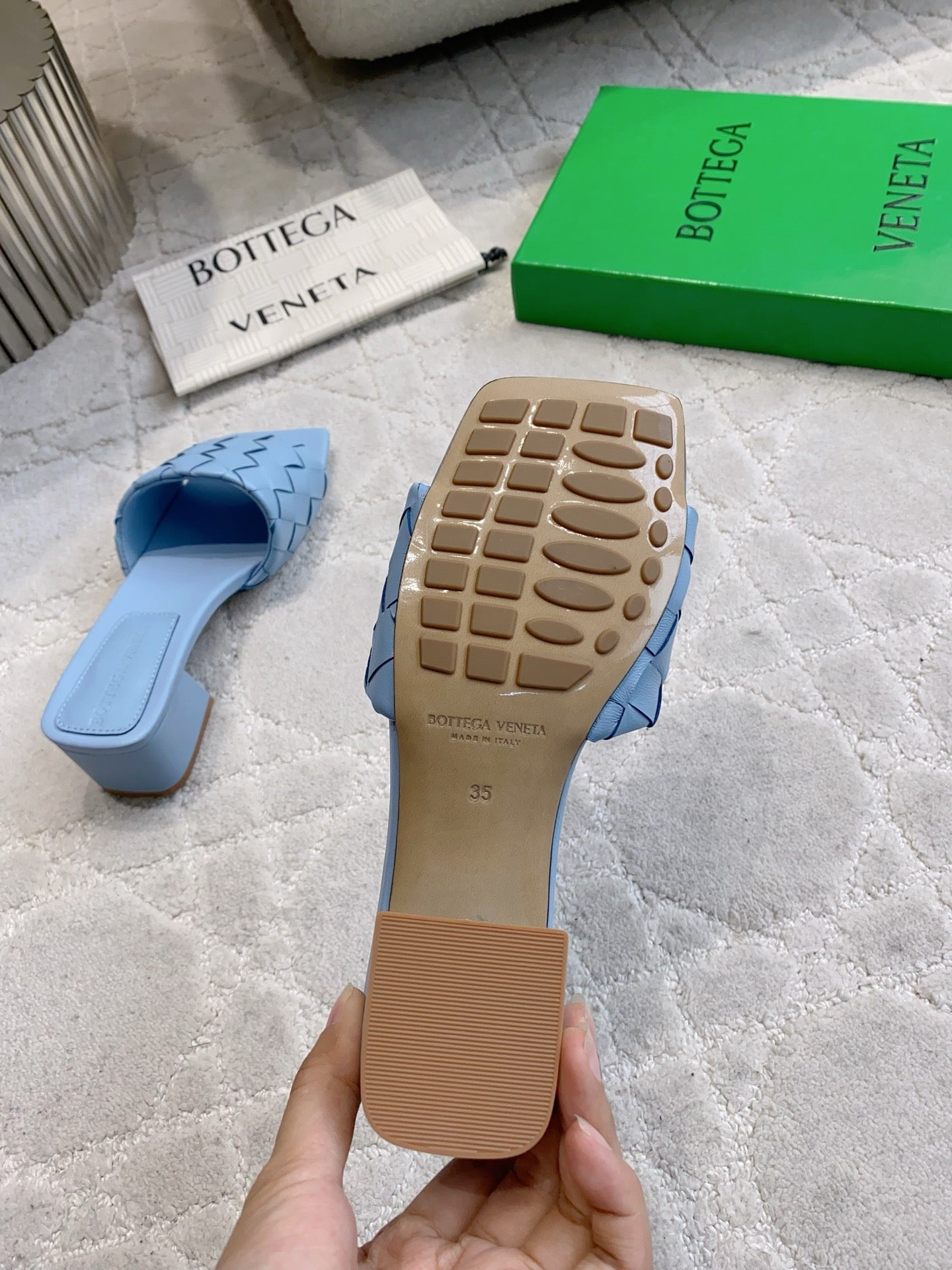 BOTTEGA VENETA 26S SQUARE-TOE HIGH-HEEL SANDALS 50 MM IN BLUE LAMBSKIN