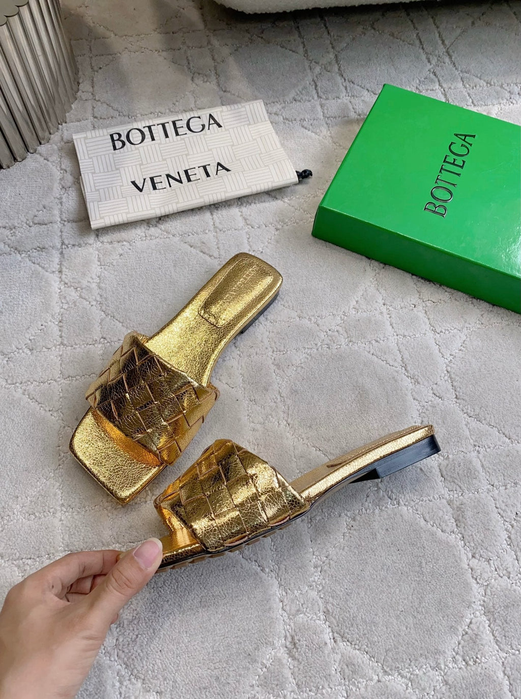 BOTTEGA VENETA 26S SQUARE-TOE SLIDE SANDALS IN GOLD LAMBSKIN