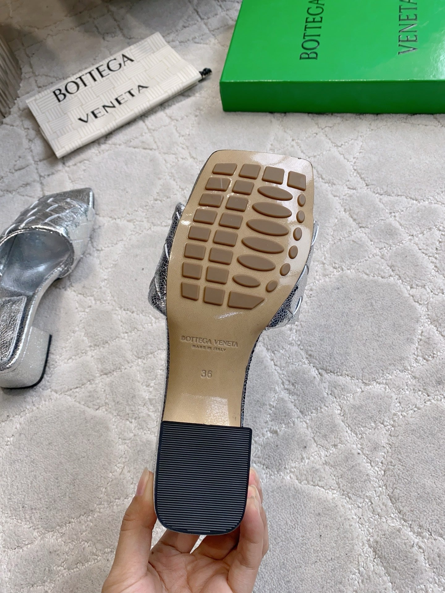 BOTTEGA VENETA 26S SQUARE-TOE SLIDE SANDALS IN SILVER LAMBSKIN