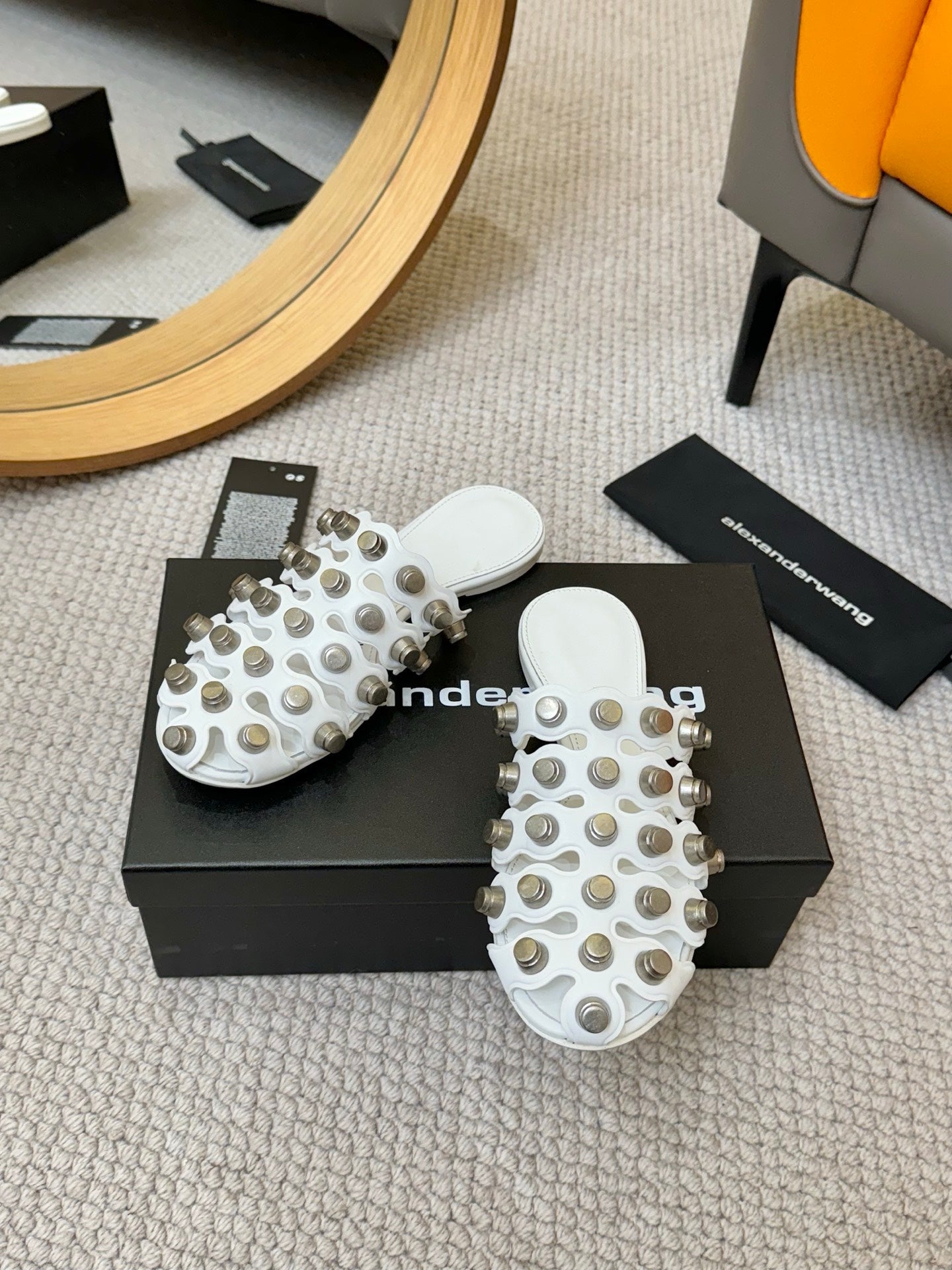 RHODES STUDDED REXA CAGE SLIDE IN WHITE LAMBSKIN