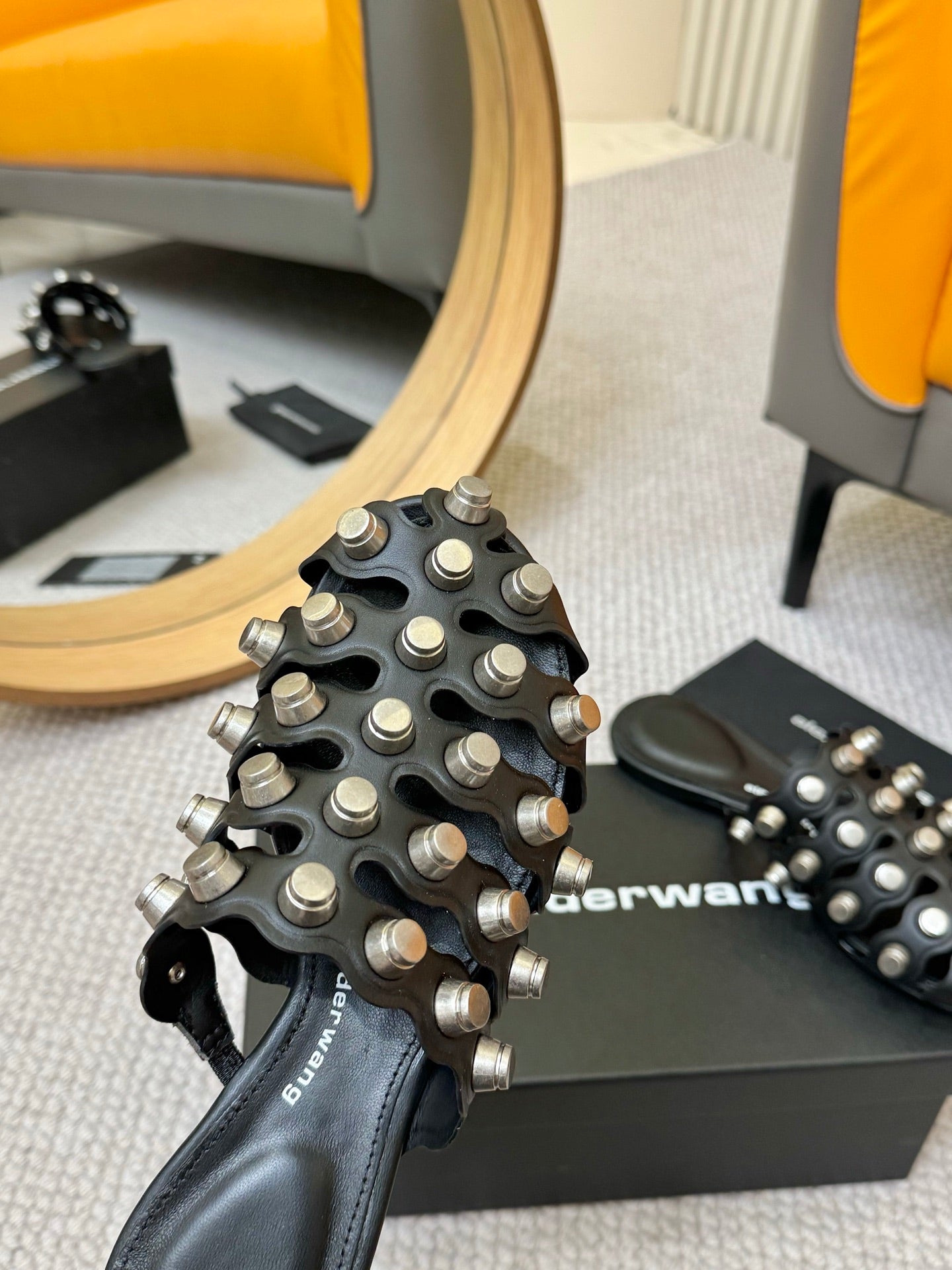 RHODES STUDDED REXA CAGE SLIDE IN BLACK LAMBSKIN