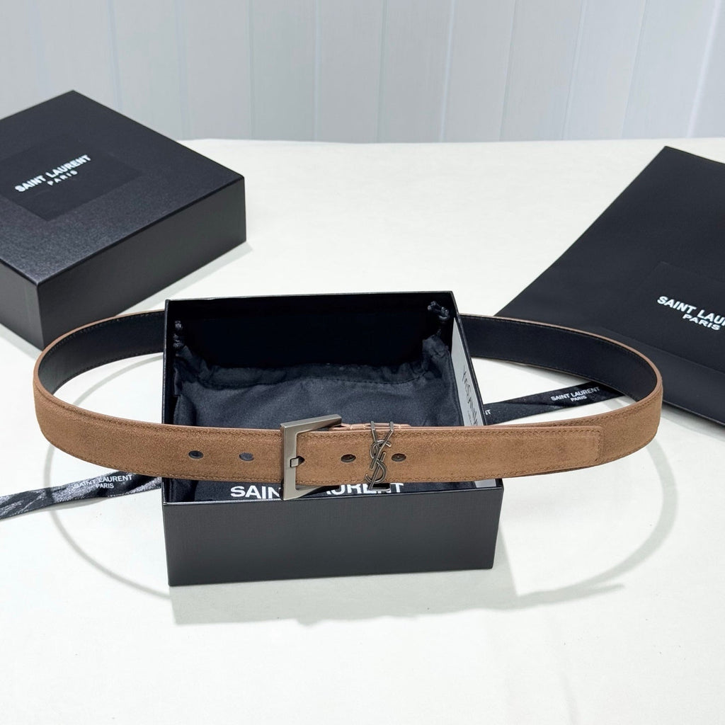 YSL 25S BELT 30 MM IN CARAMEL BROWN SUEDE 586762