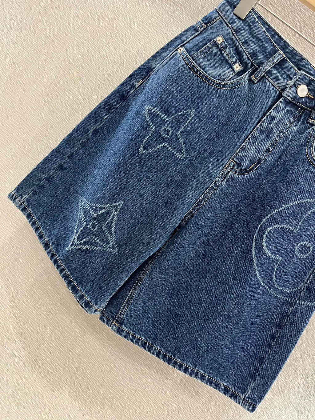 LV HIGH-WAIST LASER-CUT DENIM SHORTS