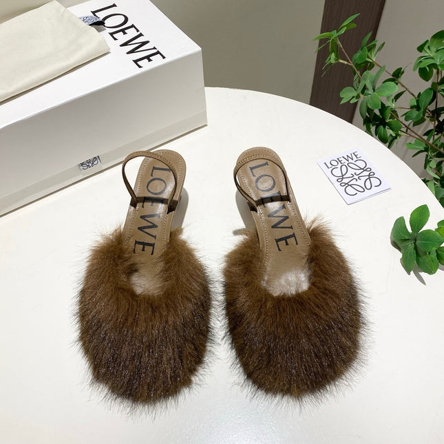 LOEWE 26S OPEN-BACK HIGH HEELS 60MM IN DARK BROWN CALFSKIN WITH FUR