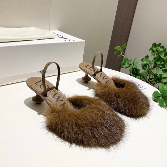 LOEWE 26S OPEN-BACK HIGH HEELS 60MM IN DARK BROWN CALFSKIN WITH FUR