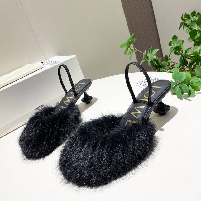 LOEWE 26S OPEN-BACK HIGH HEELS 60MM IN BLACK CALFSKIN WITH FUR