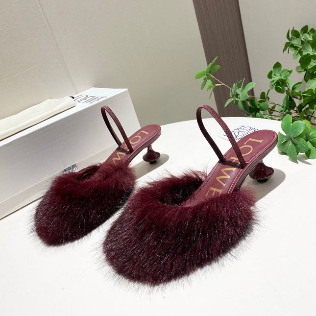 LOEWE 26S OPEN-BACK HIGH HEELS 60MM IN WINE RED CALFSKIN WITH FUR