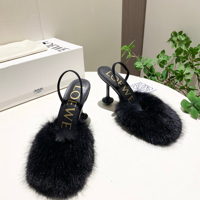 LOEWE 26S OPEN-BACK HIGH HEELS 100MM IN BLACK CALFSKIN WITH FUR