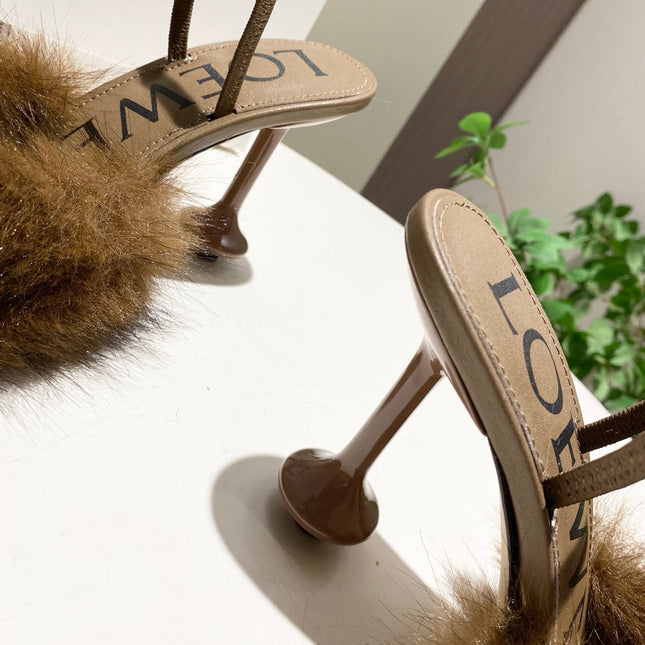 LOEWE 26S OPEN-BACK HIGH HEELS 100MM IN DARK BROWN CALFSKIN WITH FUR