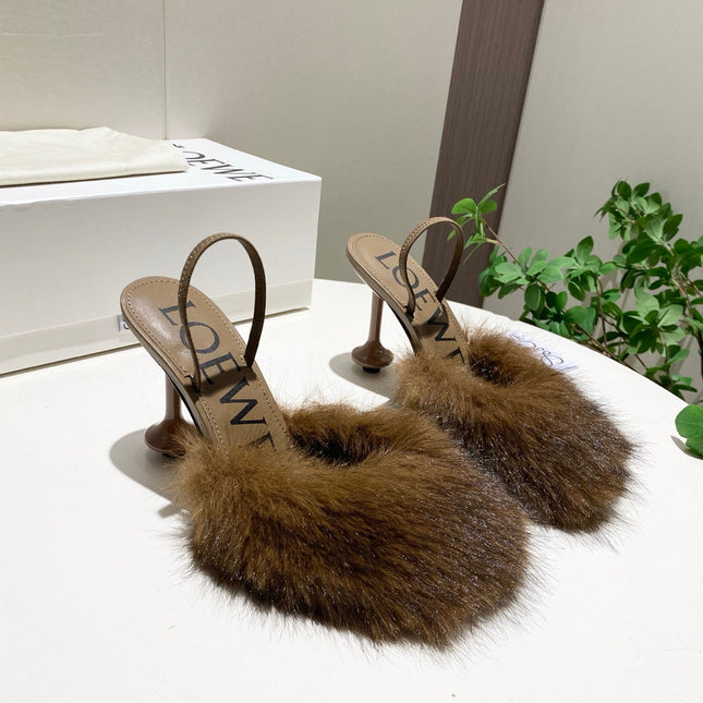 LOEWE 26S OPEN-BACK HIGH HEELS 100MM IN DARK BROWN CALFSKIN WITH FUR