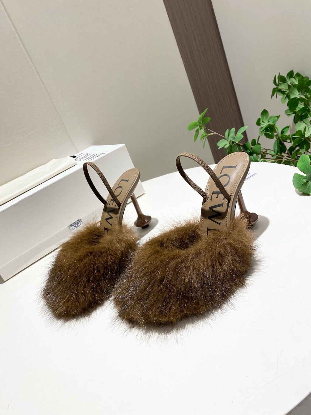 LOEWE 26S OPEN-BACK HIGH HEELS 100MM IN DARK BROWN CALFSKIN WITH FUR