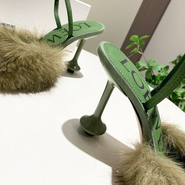 LOEWE 26S OPEN-BACK HIGH HEELS 100MM IN GREEN CALFSKIN WITH FUR