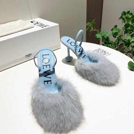 LOEWE 26S OPEN-BACK HIGH HEELS 100MM IN LIGHT BLUE CALFSKIN WITH FUR
