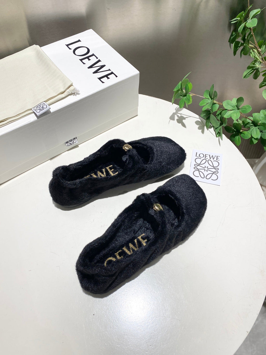 LOEWE 26S BALLET FLATS IN BLACK SHEARLING