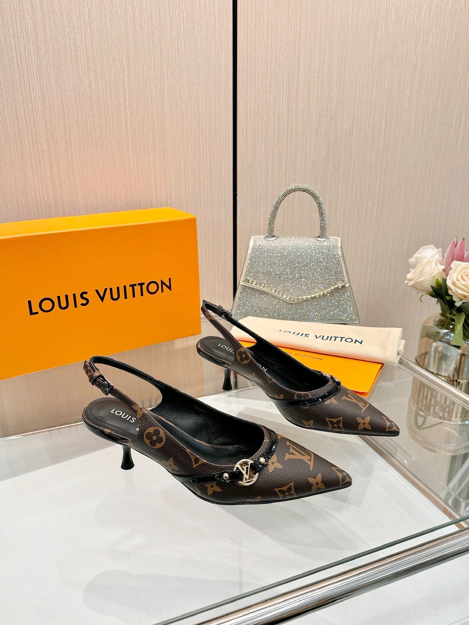 6AM SLINGBACK HIGH HEELS 55 MM IN CHOCOLATE BROWN MONOGRAM LAMBSKIN