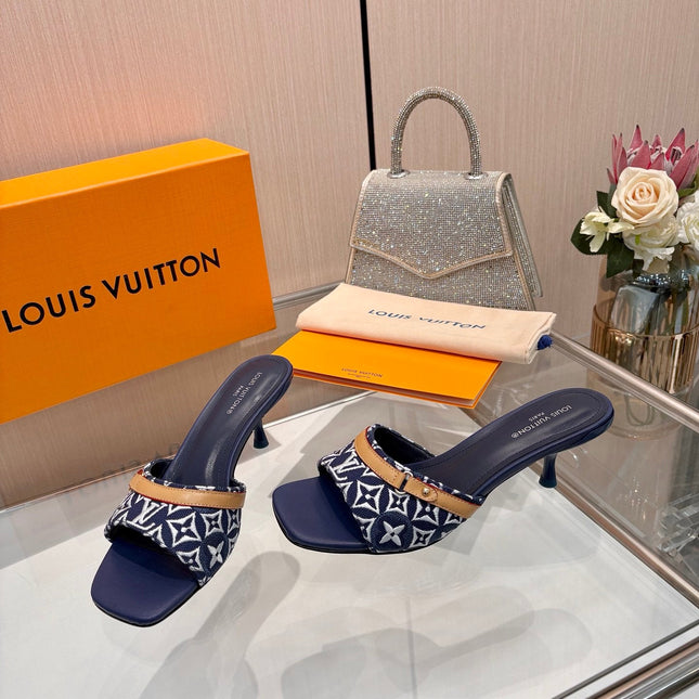 LV 26S HIGH-HEELED MULES 55 MM IN DARK BLUE AND WHITE EMBROIDERED MONOGRAM CANVAS