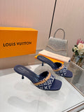 LV 26S HIGH-HEELED MULES 55 MM IN DARK BLUE AND WHITE EMBROIDERED MONOGRAM CANVAS
