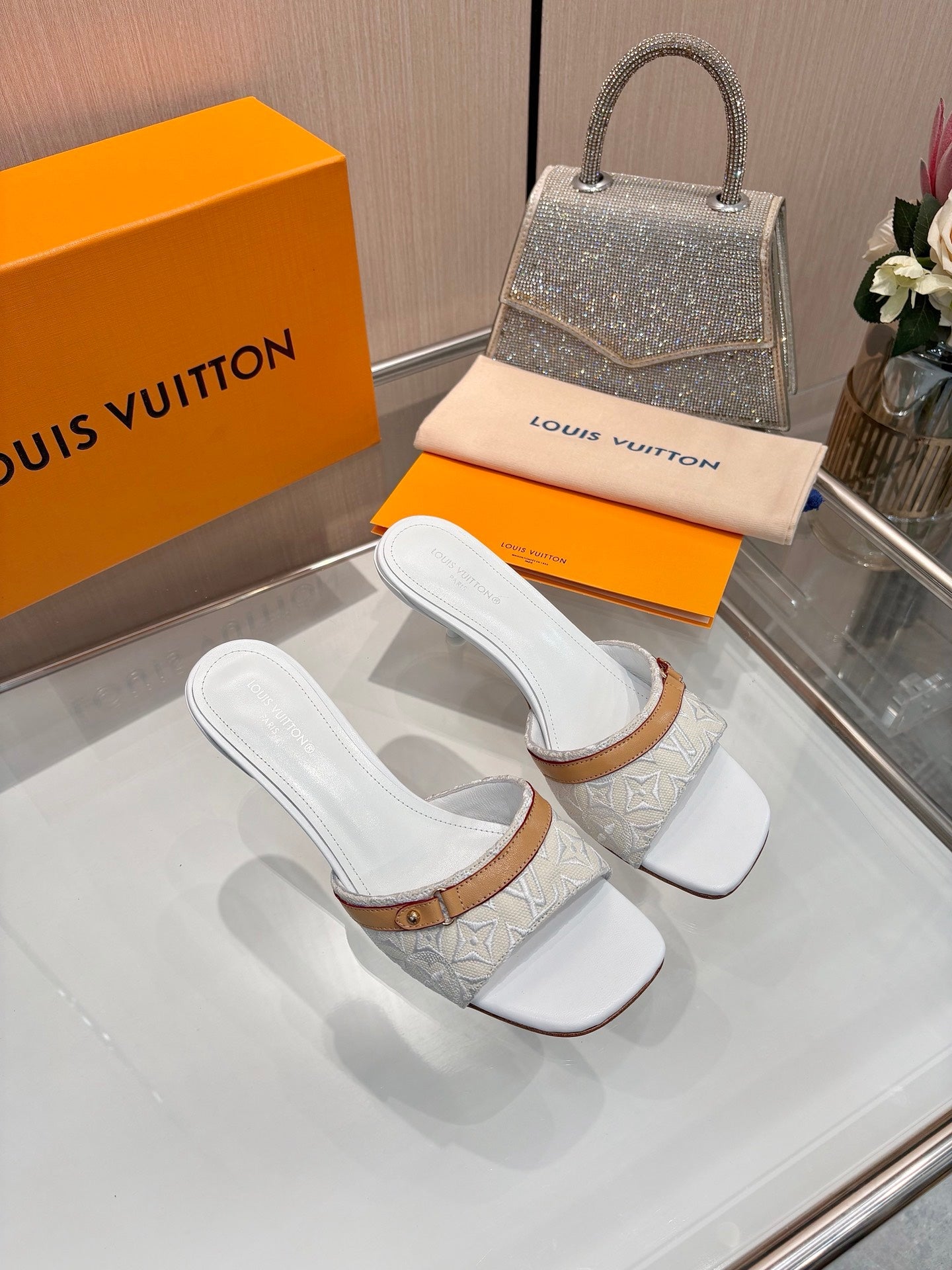 LV 26S HIGH-HEELED MULES 55 MM IN PALE BLUE GRAY EMBROIDERED MONOGRAM CANVAS