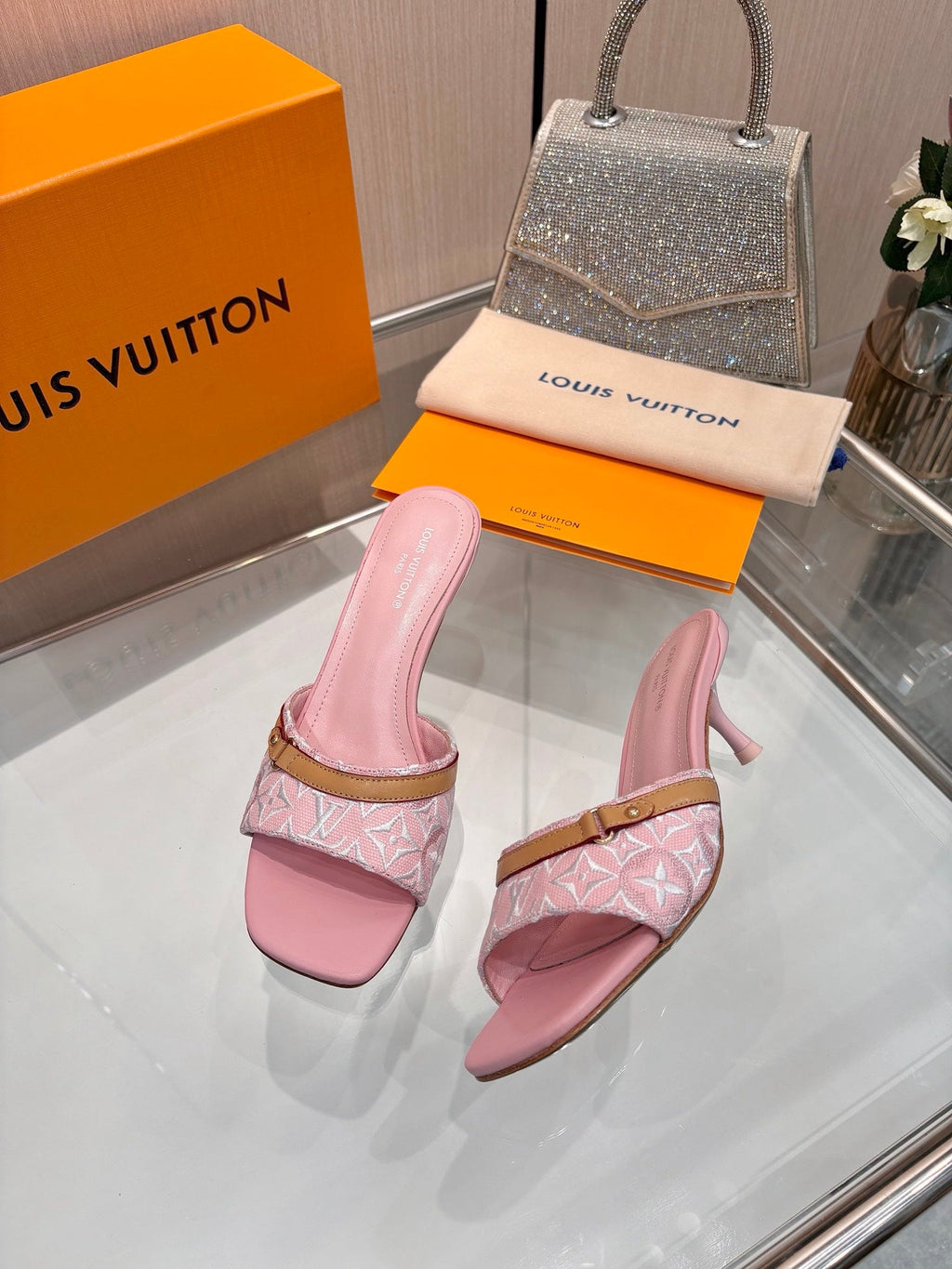LV 26S HIGH-HEELED MULES 55 MM IN PINK EMBROIDERED MONOGRAM CANVAS