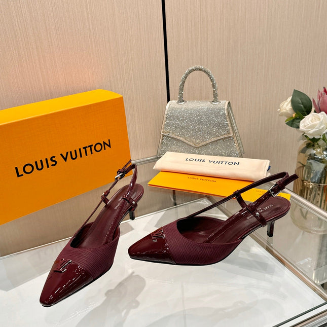 LV 26S SLINGBACK PUMPS 55 MM IN DARK RED FABRIC AND CALFSKIN