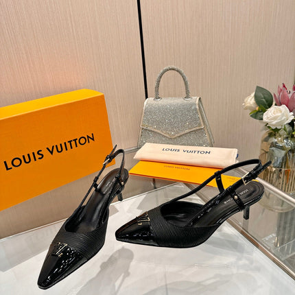 LV 26S SLINGBACK PUMPS 55 MM IN BLACK FABRIC AND CALFSKIN
