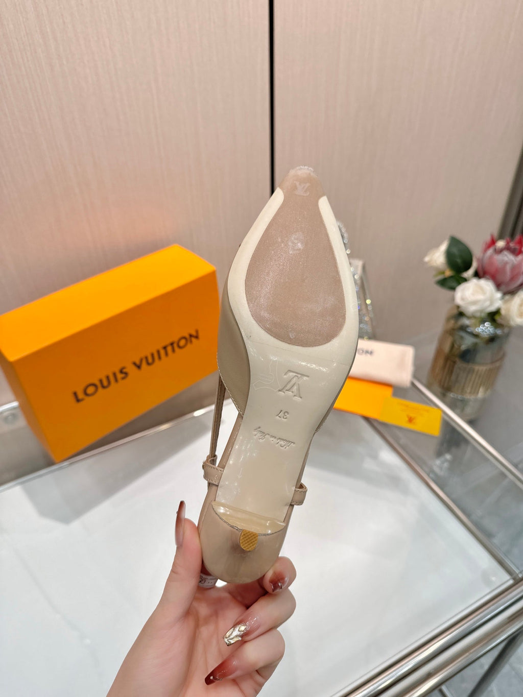LV 26S SLINGBACK PUMPS 55 MM IN BEIGE BROWN CALFSKIN