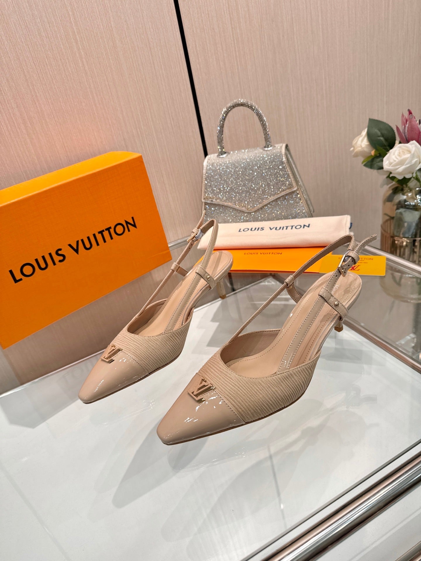 LV 26S SLINGBACK PUMPS 55 MM IN BEIGE BROWN FABRIC AND CALFSKIN