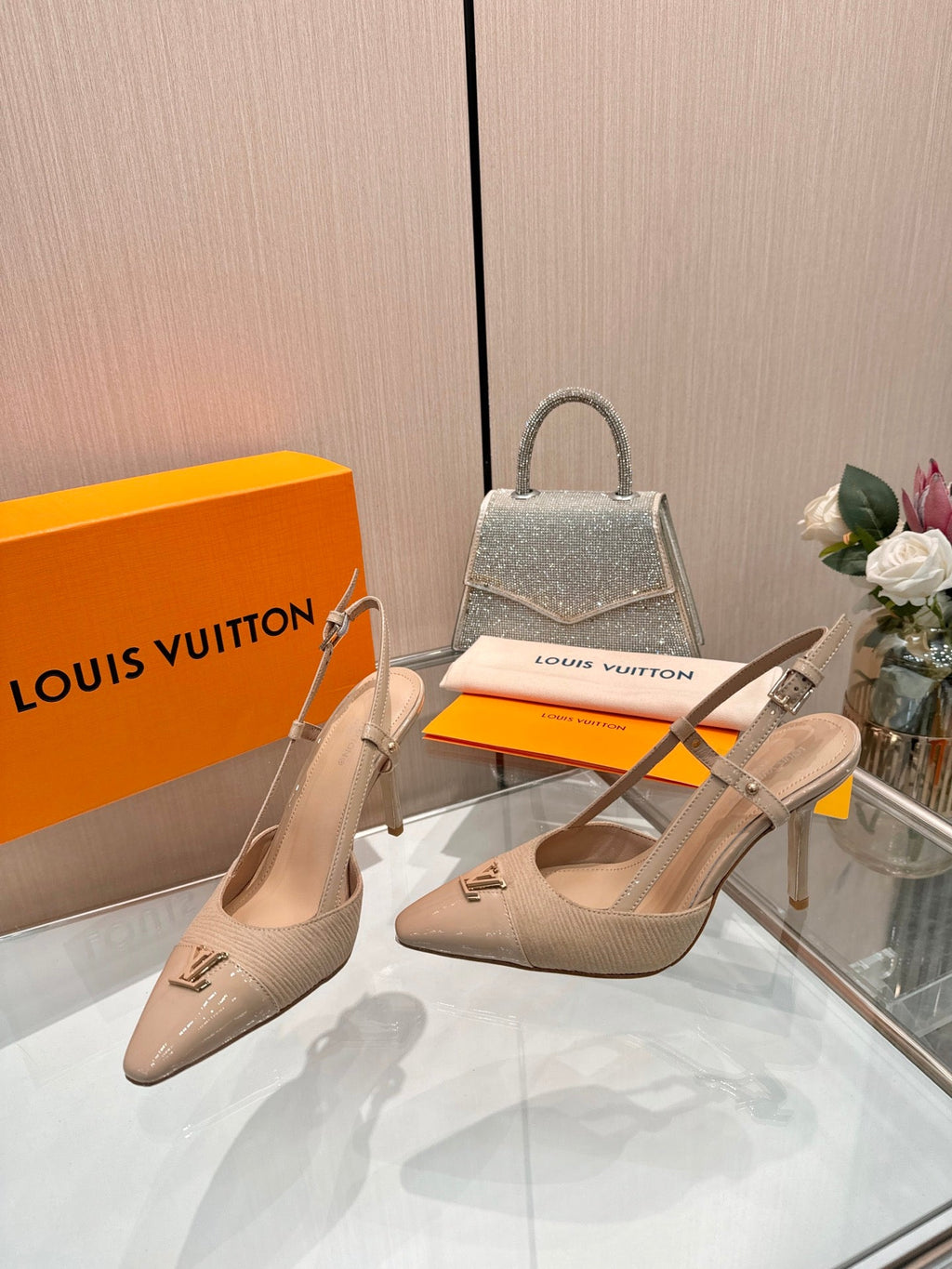 LV 26S SLINGBACK PUMPS 90 MM IN BEIGE BROWN FABRIC AND CALFSKIN