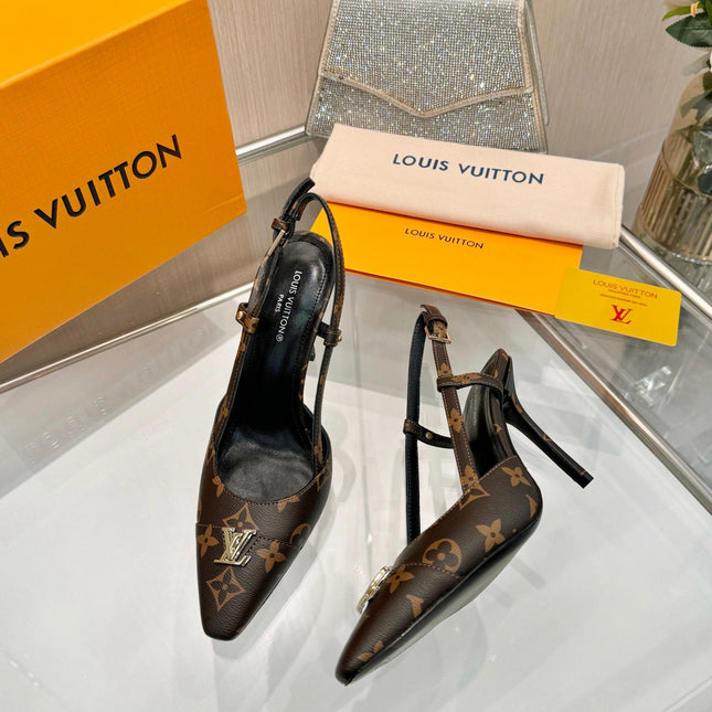 LV 26S SLINGBACK PUMPS 90 MM IN DARK BROWN COATED CANVAS