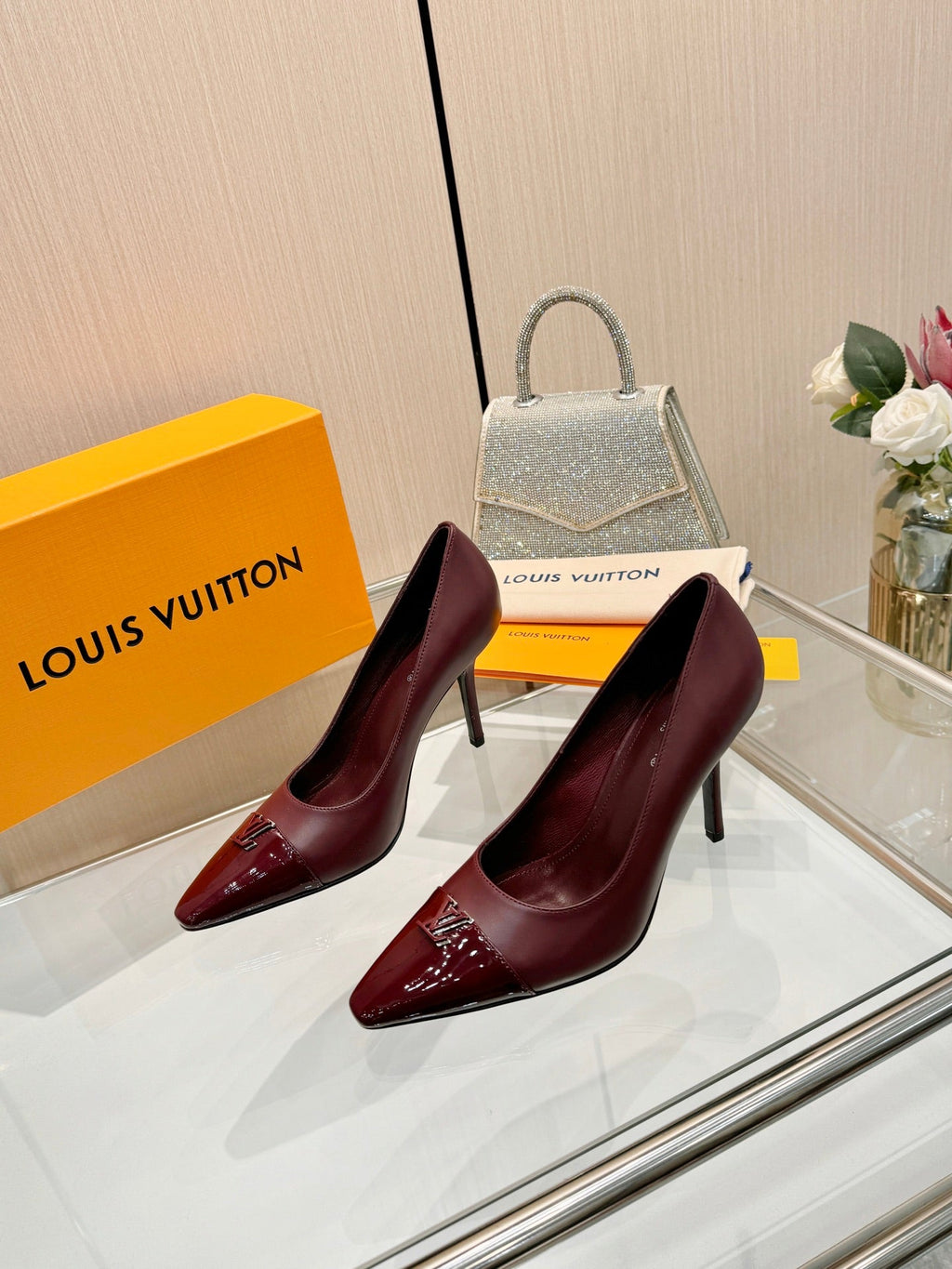 LV 26S POINTED-TOE HIGH HEELS 90 MM IN DARK RED CALFSKIN