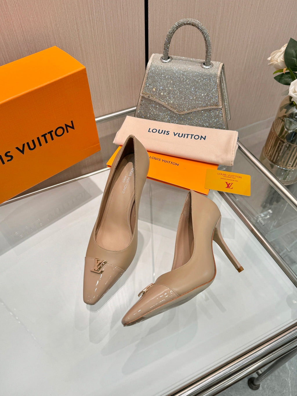 LV 26S POINTED-TOE HIGH HEELS 90 MM IN BEIGE BROWN CALFSKIN