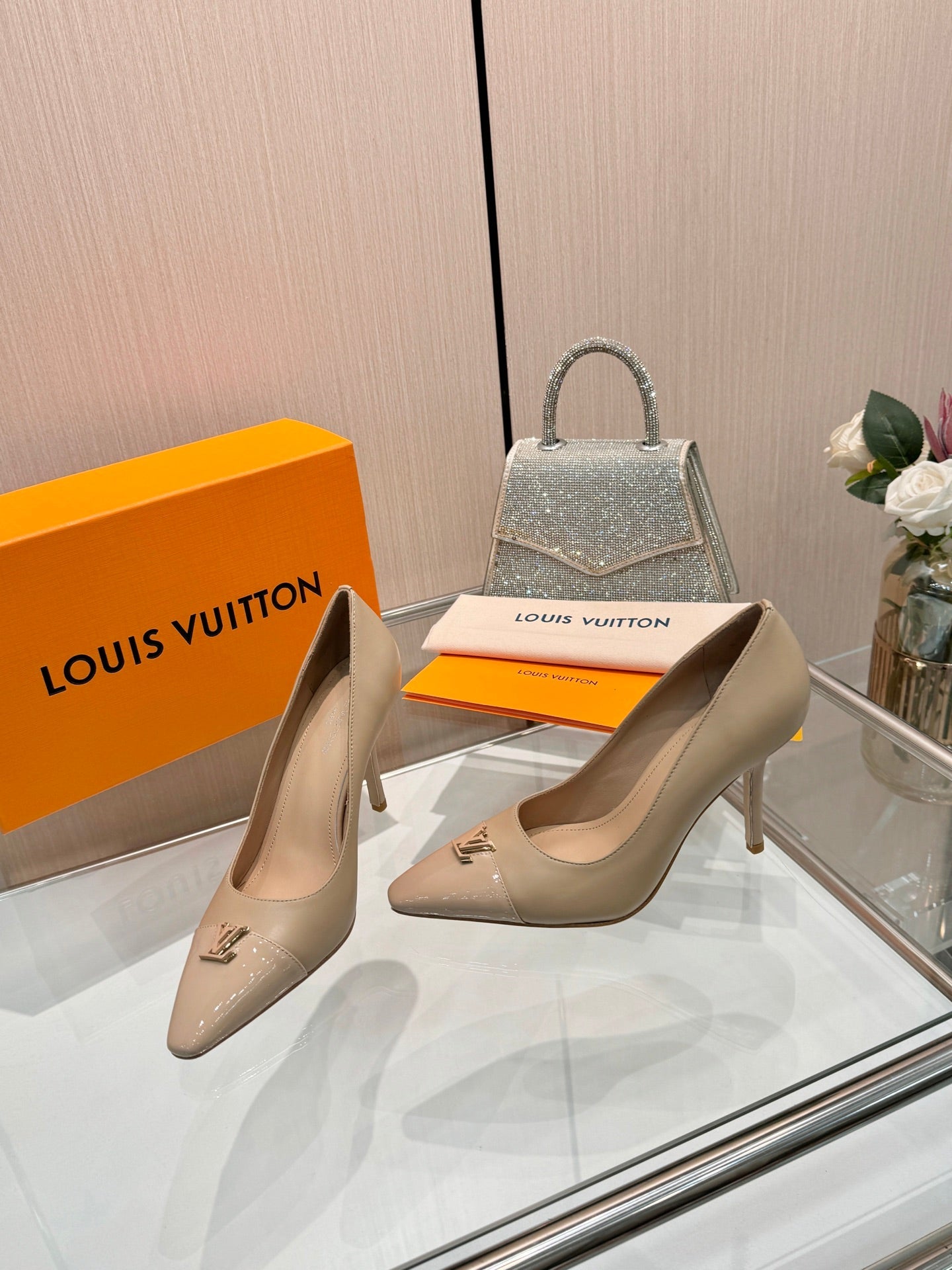 LV 26S POINTED-TOE HIGH HEELS 90 MM IN BEIGE BROWN CALFSKIN